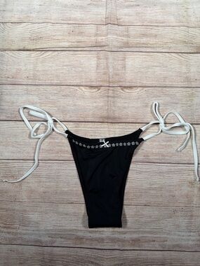 Frankie's Bikinis by PINK Black Bikini Bottom with White Floral Embroidery & bow